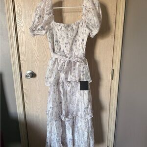 Lulu's White & Light Lavender Floral Puff-Sleeve Maxi Dress